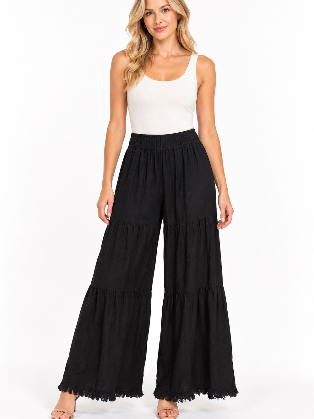 Umgee NWT Size Small Oversized Wide Leg Tiered Palazzo Pants - Black
